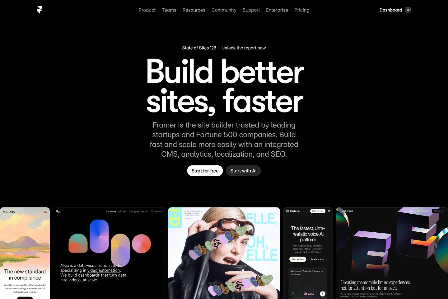 Framer.com homepage in 2026. Build better sites, faster with examples of websites built on the platform