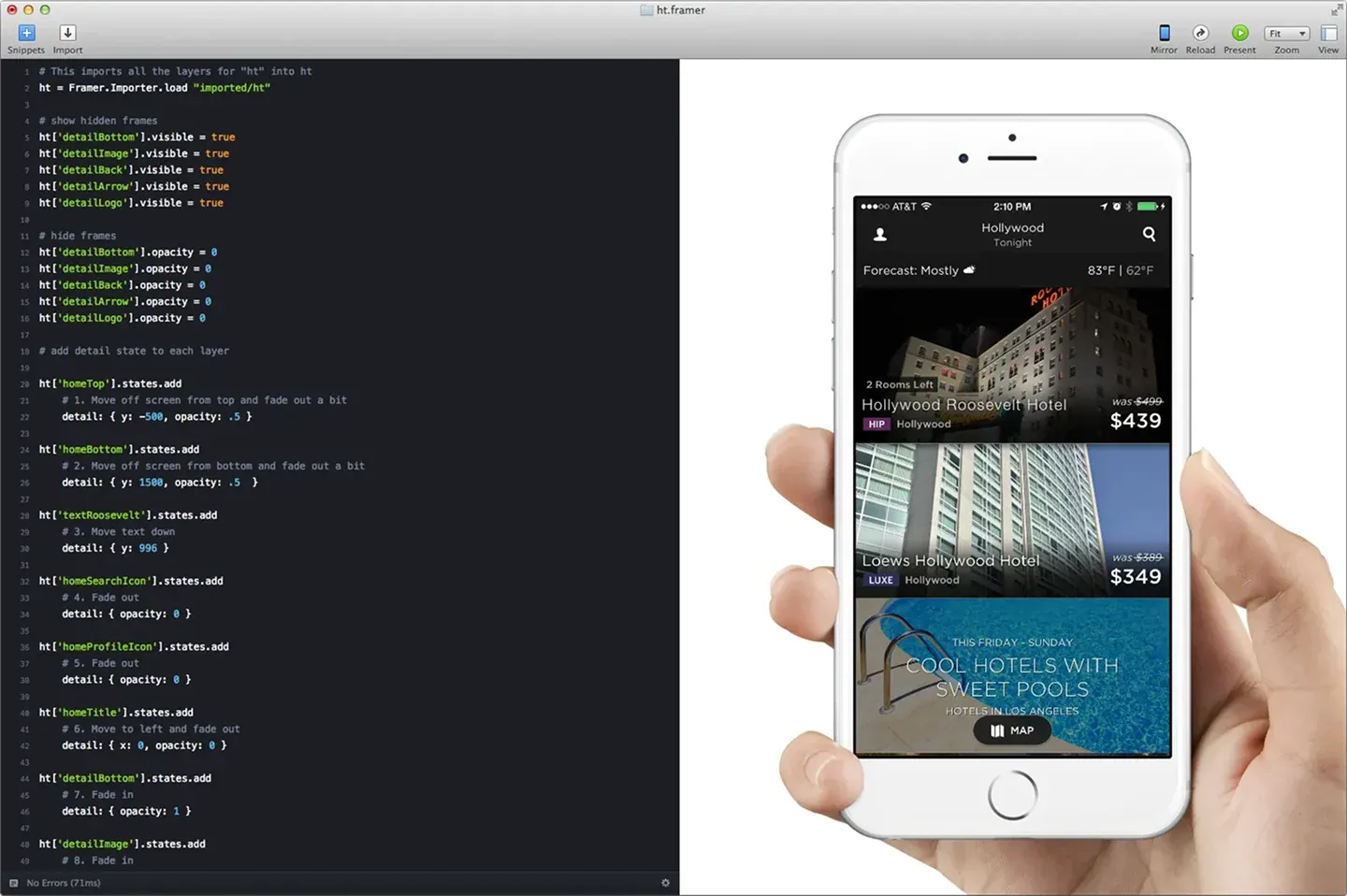 Framer Classic in 2014. A JavaScript-based prototyping tool showing code on the left and an interactive mobile prototype on the right