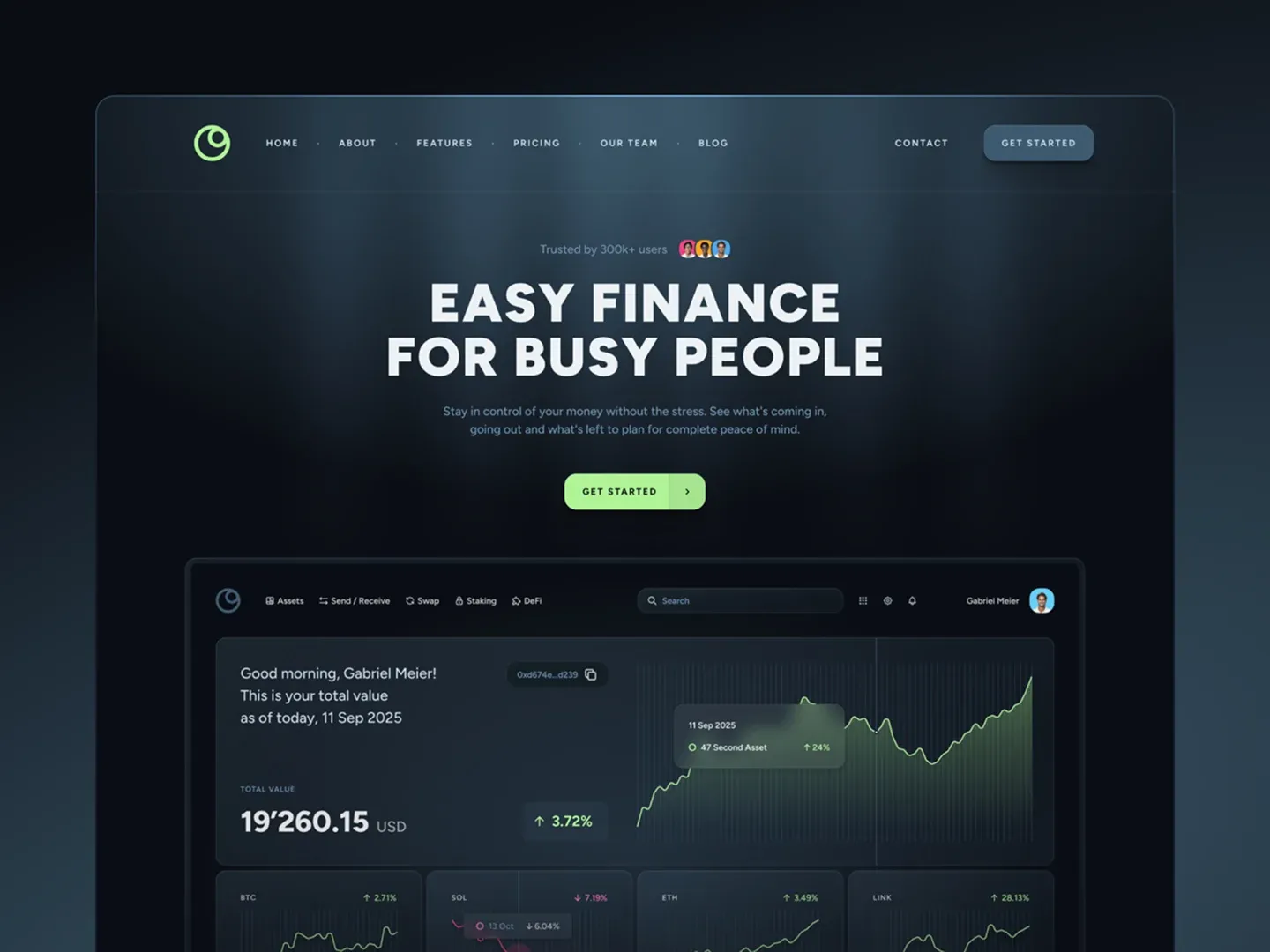 Noiro Framer template homepage with finance dashboard UI on dark background