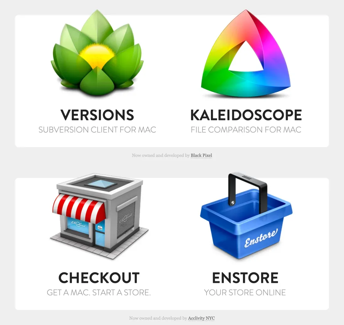 Sofa's four Mac apps: Versions (Subversion client), Kaleidoscope (file comparison tool), Checkout, and Enstore. All later sold to other developers after the Facebook acquisition.