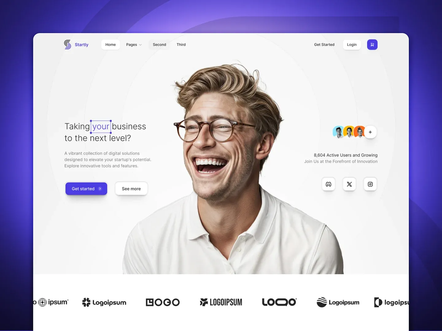 Startly Webflow template homepage with startup marketing layout on light background