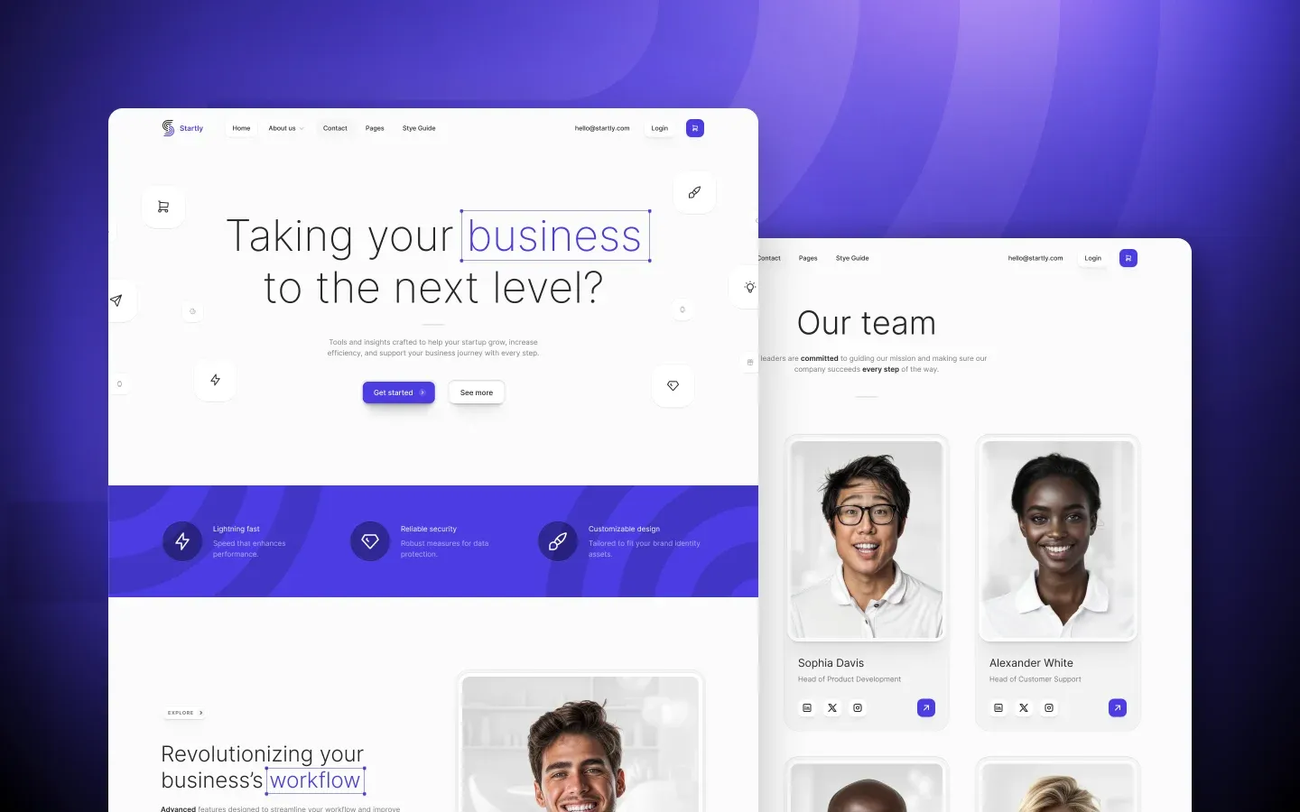 Startly Webflow template inner page with feature and content sections